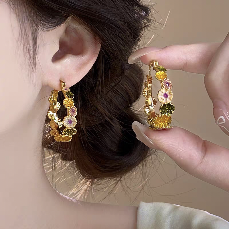 铜合金耳饰 复古繁花耳圈油画感小众时尚清新气质花卉耳饰E2382