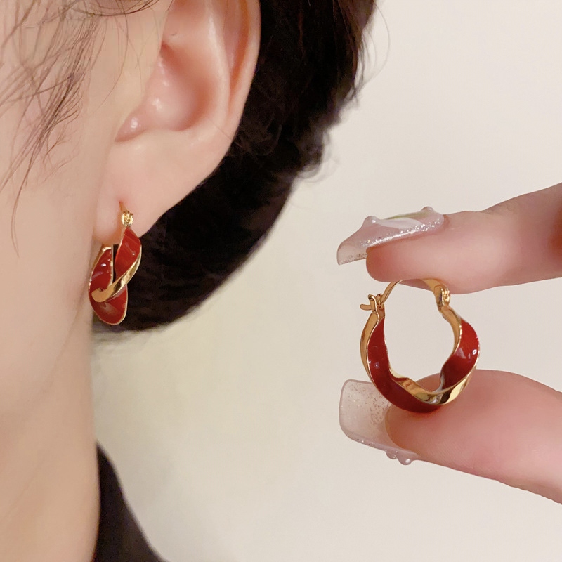 铜合金耳饰 A气质安哥拉红耳扣耳圈设计感优雅百搭时尚耳饰E1664