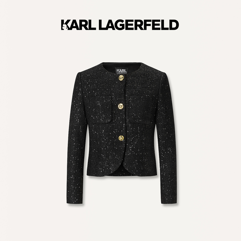 KARL LAGERFELD卡尔拉格斐2024秋季黑色花呢外套老佛爷K26E1503