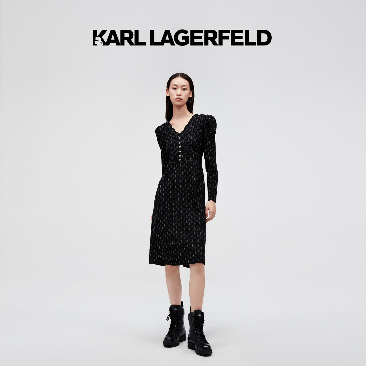 KARL LAGERFELD卡尔拉格斐2023复古宫廷袖烫钻羊毛连衣裙E27L1381