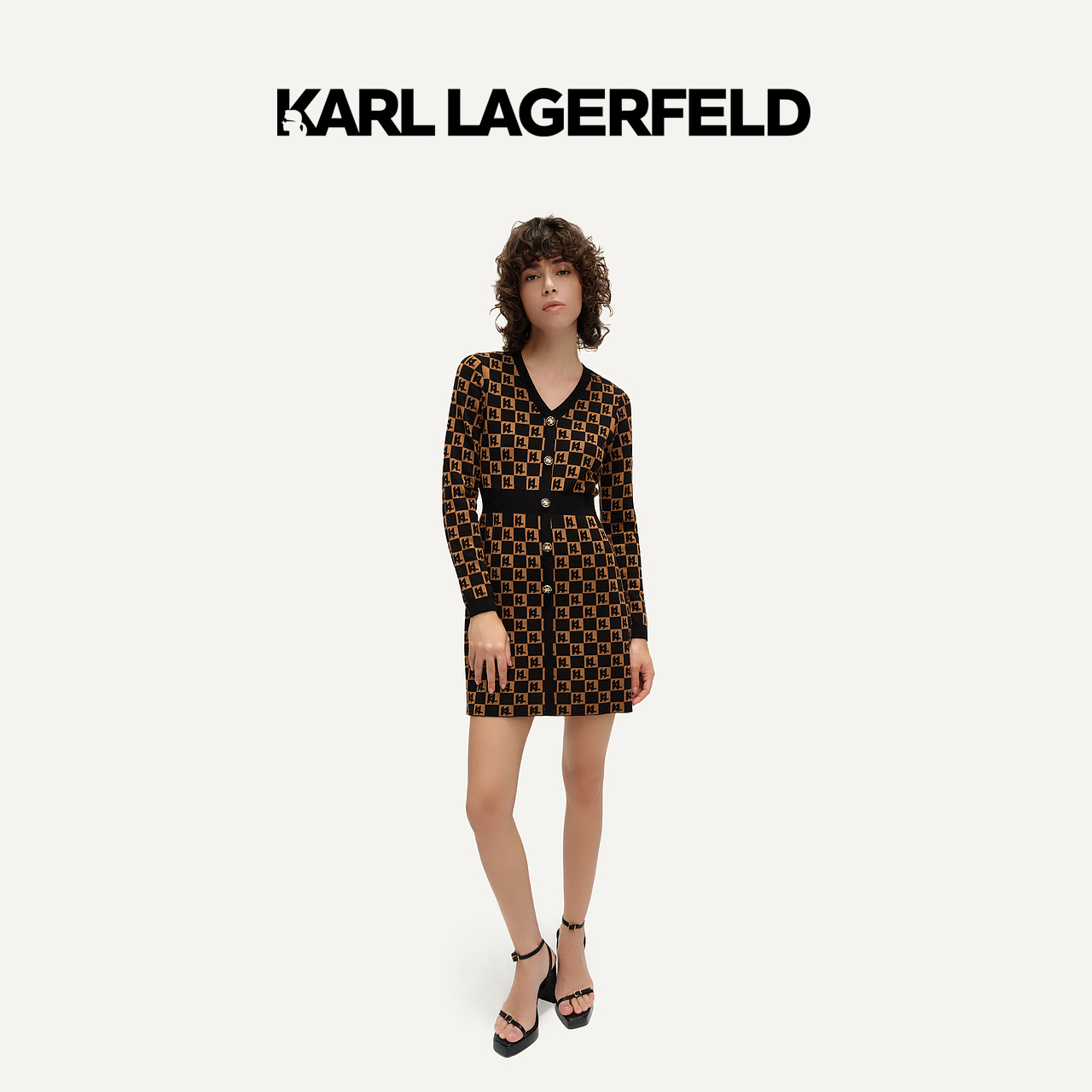 【优价】KARL LAGERFELD卡尔拉格斐棋盘格针织连衣裙老佛爷E37W1350