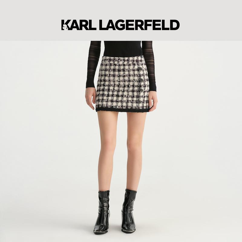 【晨粉专享价】KARL LAGERFELD新撞色花边花呢小A半裙E37W1209