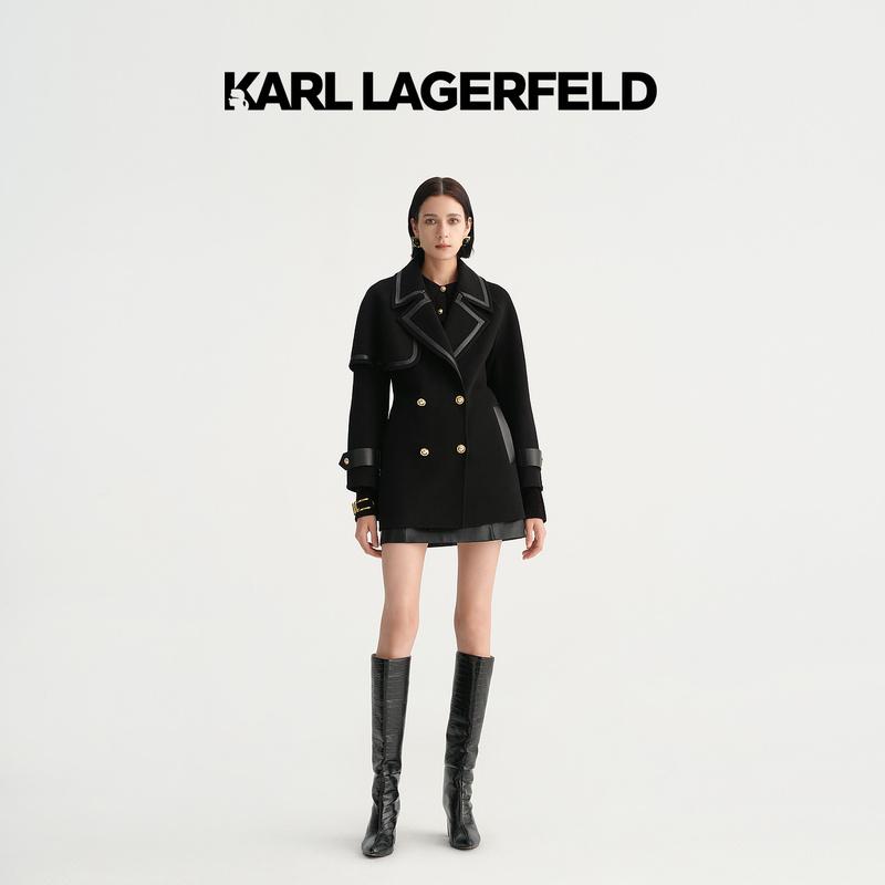 【官方】KARL LAGERFELD卡尔拉格斐秋拼接系带中长款大衣E37W1503