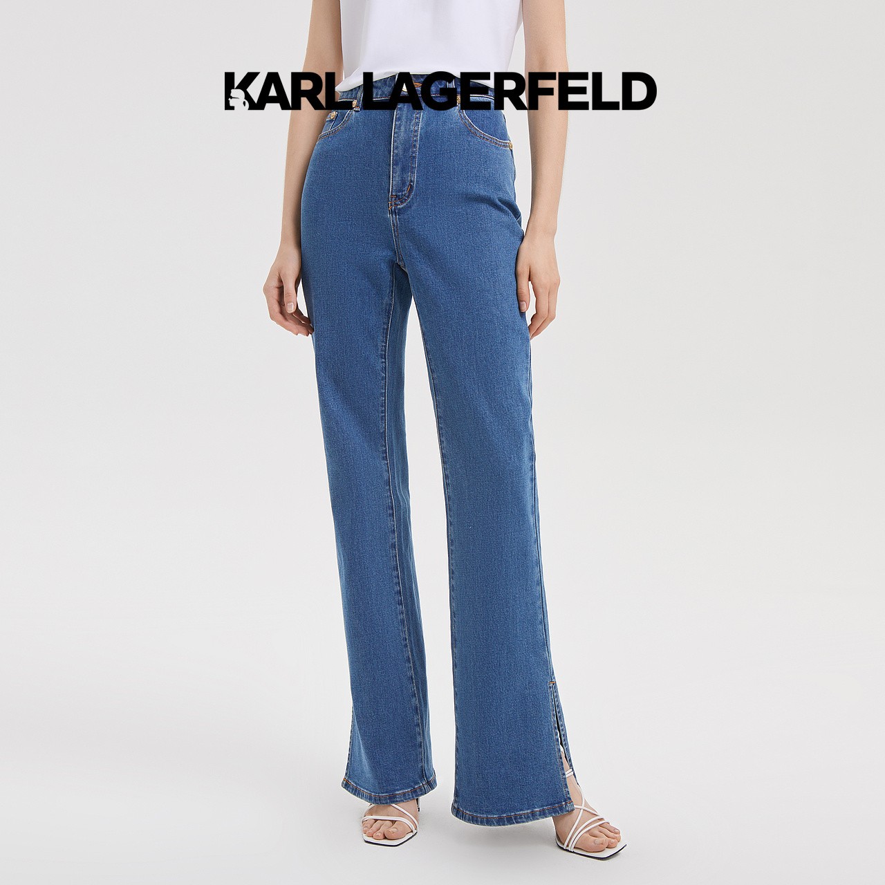 【优价】KARL LAGERFELD卡尔拉格斐水洗蓝牛仔阔腿裤221L1801