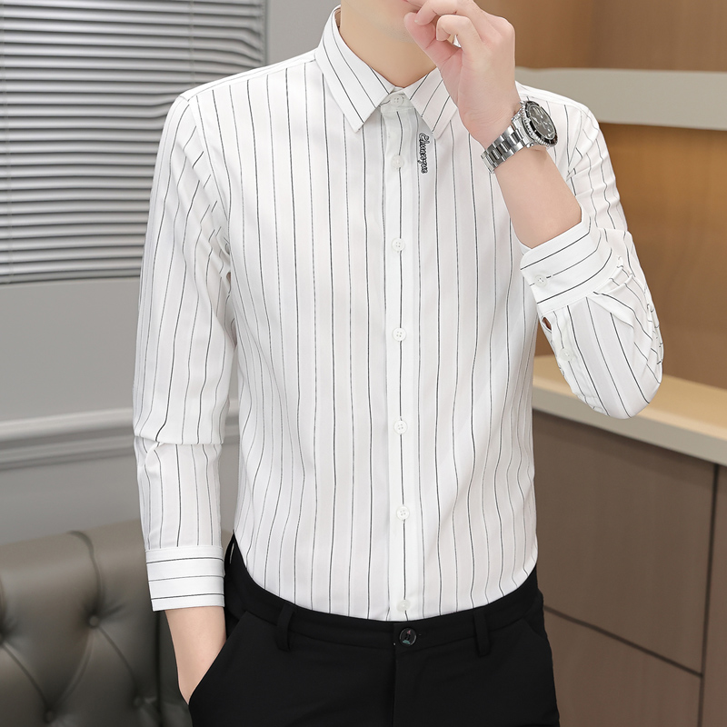 2024新款男士长袖条纹衬衫春秋季修身衬衣男时尚休闲抗皱免烫寸衫
