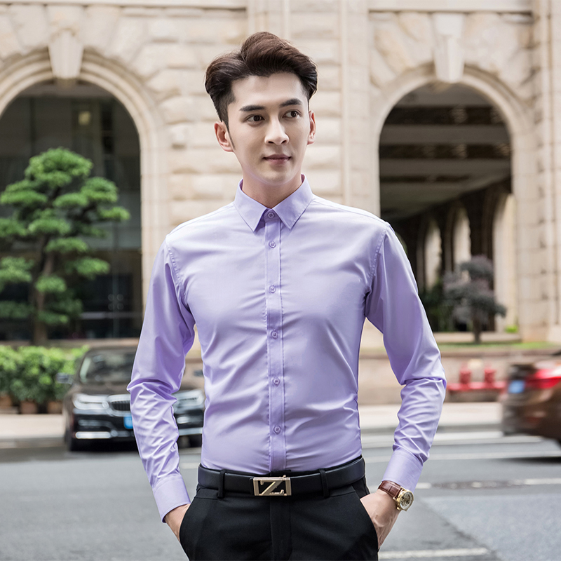 6色可选 纯色衬衫男粉色长袖结婚伴郎婚礼新郎修身衬衫职业工作服