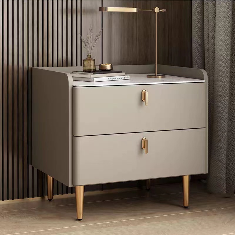 全实木亮光岩板面床头柜意式简约现代轻奢卧室家用床边收纳储物柜