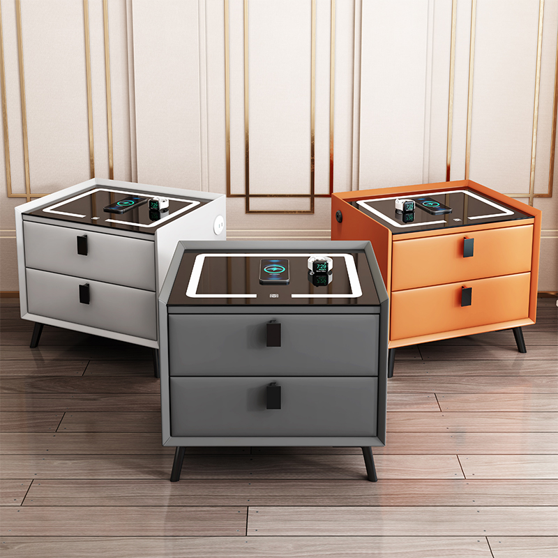 实木全包皮智能床头柜简约现代带指纹锁无线充多功能床边收纳柜