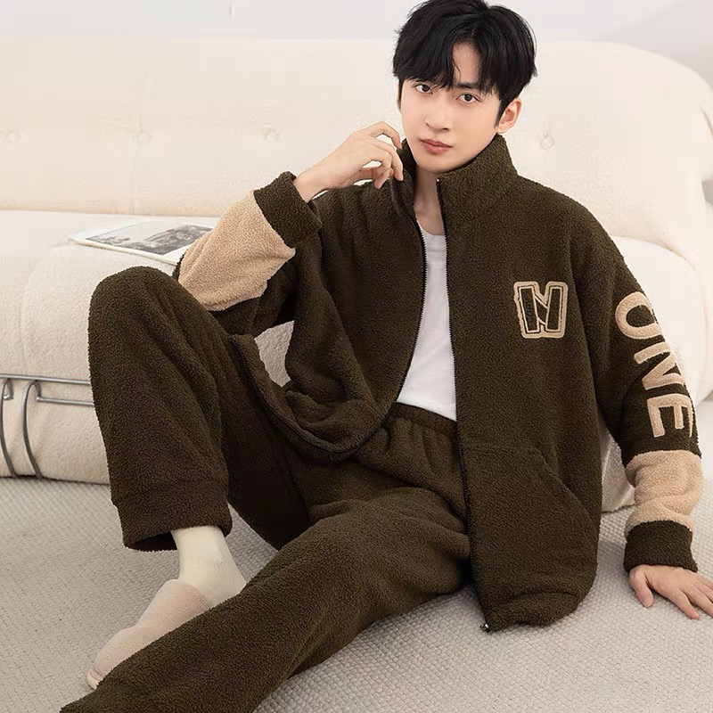 男士睡衣秋冬保暖法兰绒冬季新款加厚珊瑚绒秋冬大版家居服套装