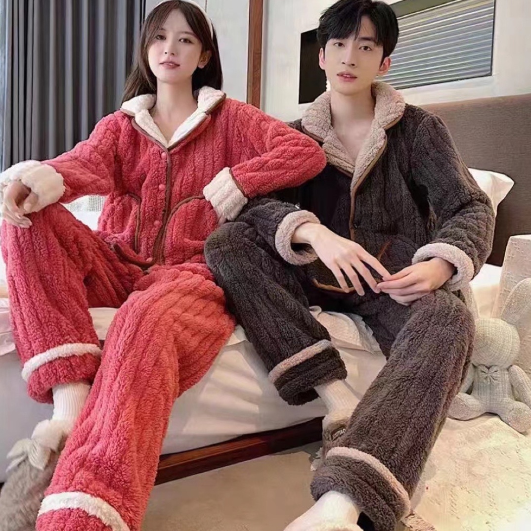 睡衣加绒男冬季情侣珊瑚绒女秋冬加厚法兰绒睡衣家居服套装可外穿