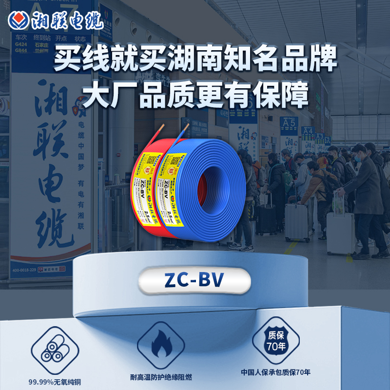湘联电缆国标电线BV单芯单股家装硬线1.5 10平方纯铜芯插座入户线
