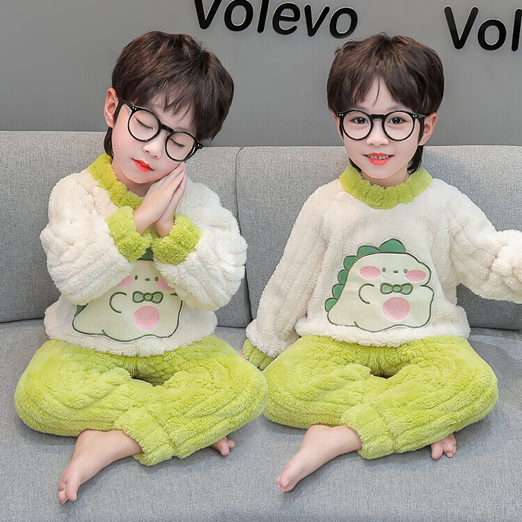 女童秋冬新款儿童珊瑚绒卡通恐龙套头家居服法兰绒加厚睡衣两件套