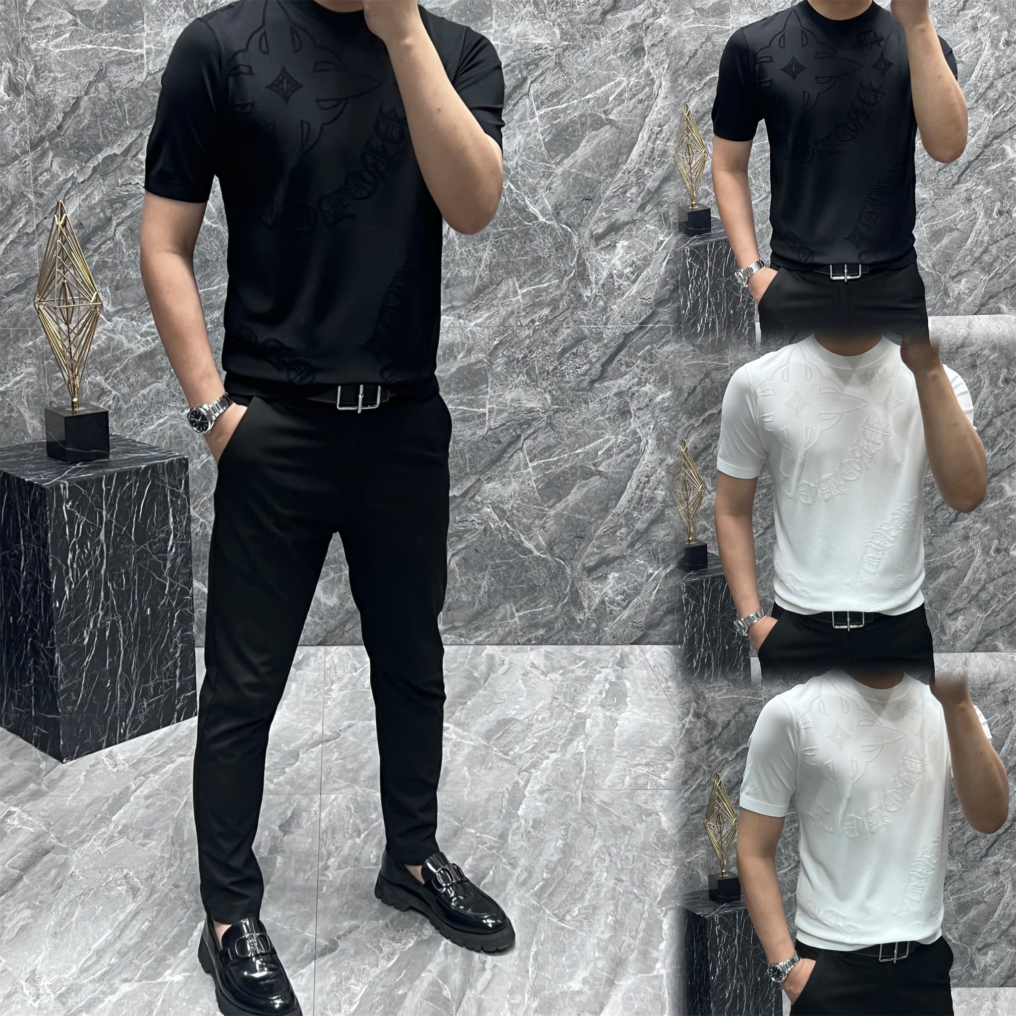 【画成】夏季黑白两色男士百搭时尚潮流轻奢帅气印花圆领半袖  6600