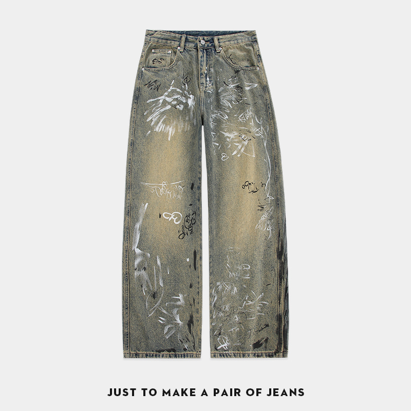 秋冬新款涂鸦手绘破坏水洗宽松阔腿牛仔裤裤子巴黎风格手绘牛王男