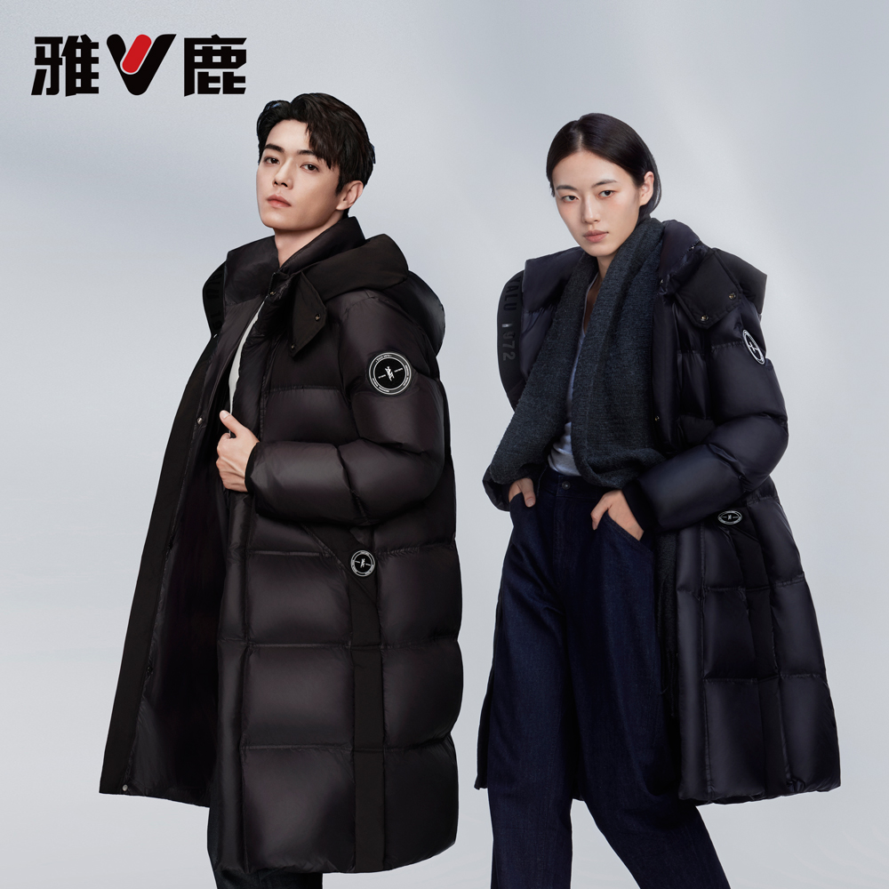 许凯明星同款雅鹿情侣羽绒服长款2024冬季新款黑色连帽保暖外套