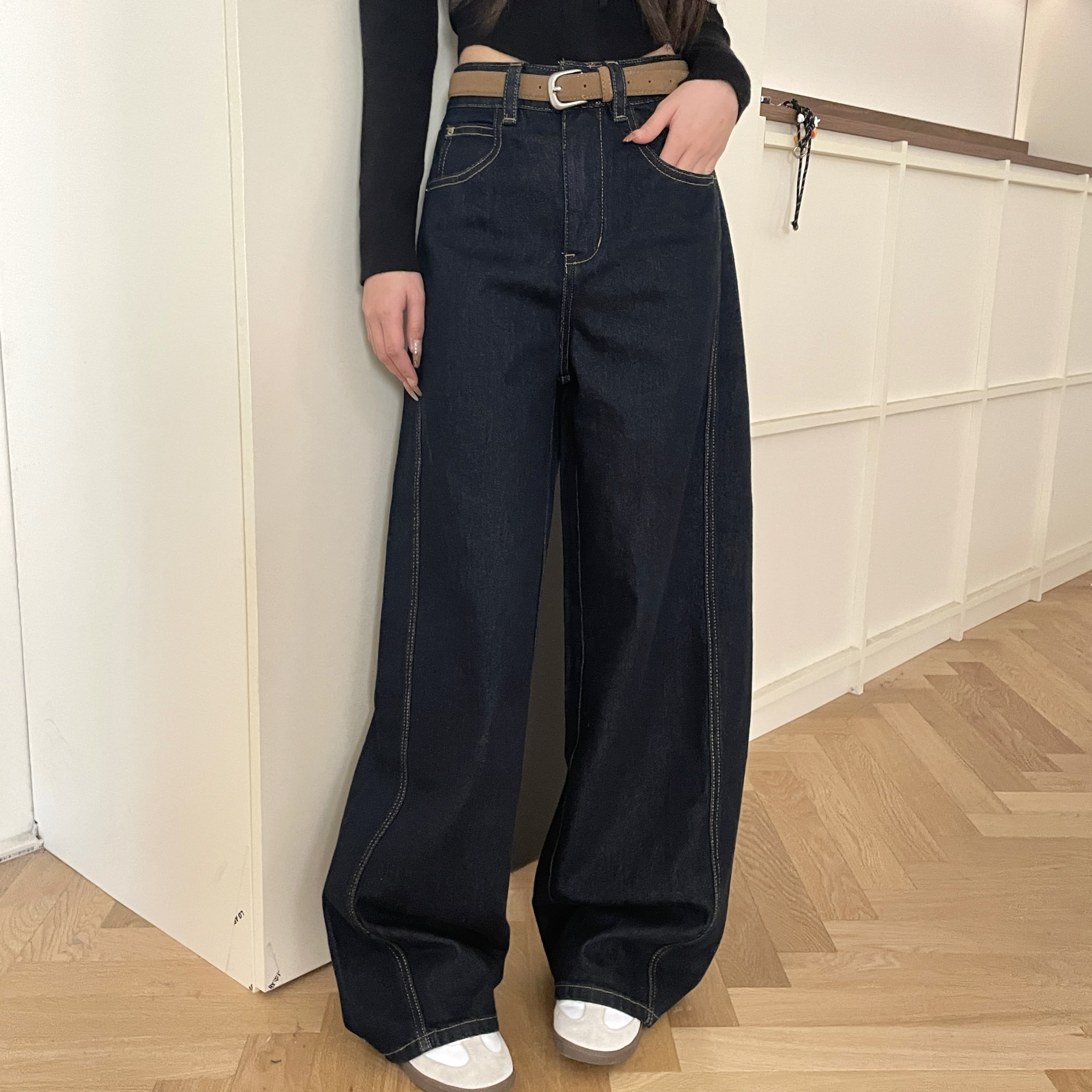 【清清】韩系窄版高腰牛仔裤秋季新款宽松百搭垂感阔腿长裤WPL73007