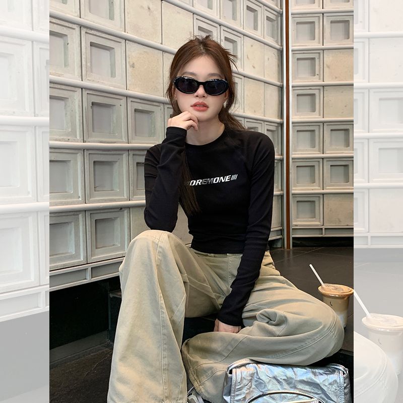 黑色正肩长袖t恤女短款秋季2023新款显瘦打底衫内搭上衣 WPL070#C