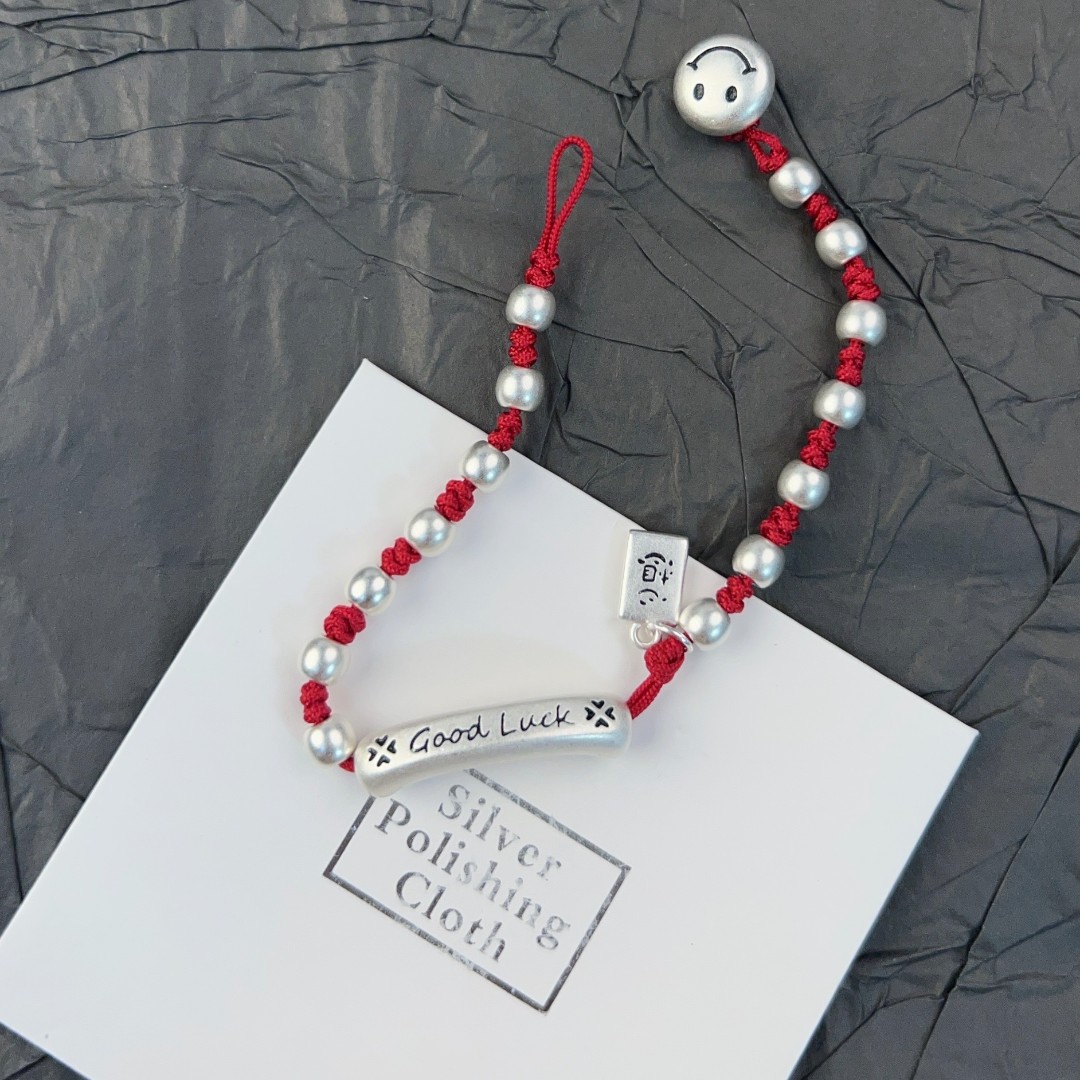 足银银制品  足银999.9good luck笑脸心想事成时尚百搭红绳手串