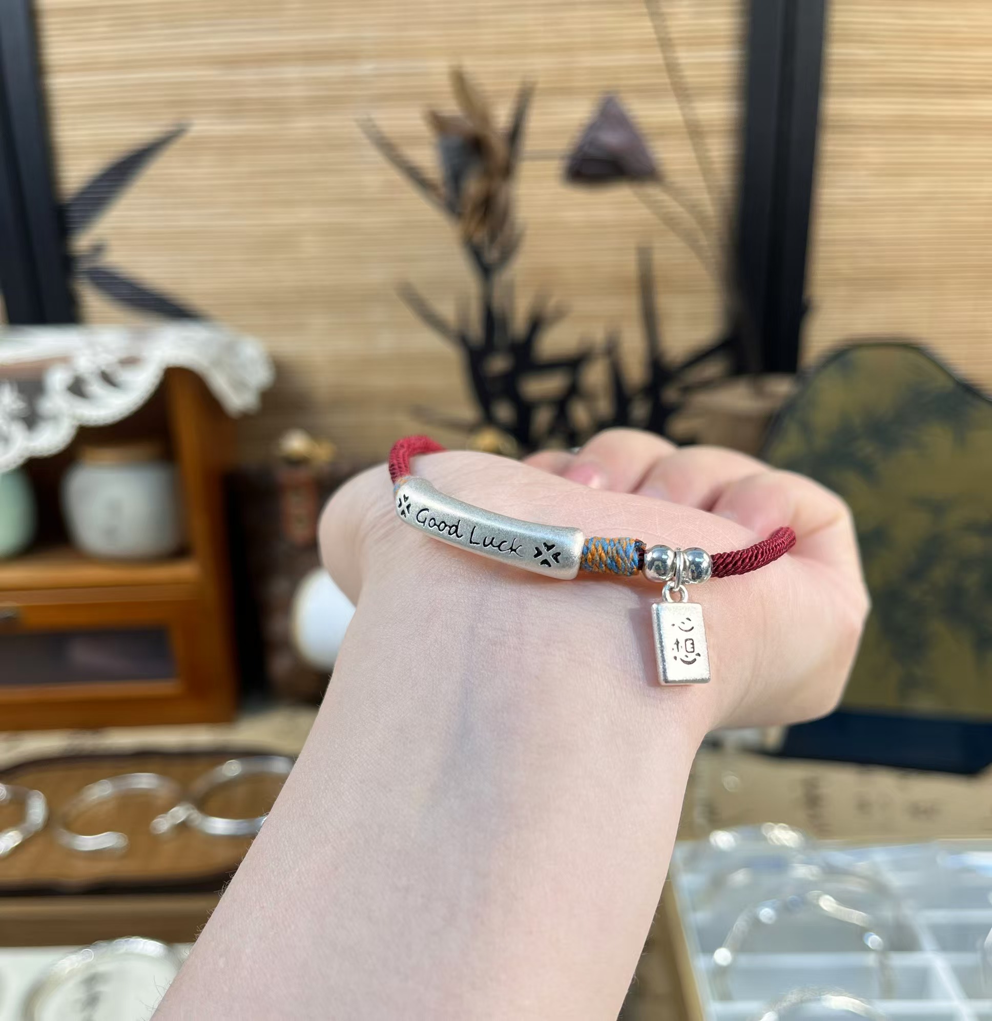 足银银制品 Good luck红绳手链 心想事成红手绳编织