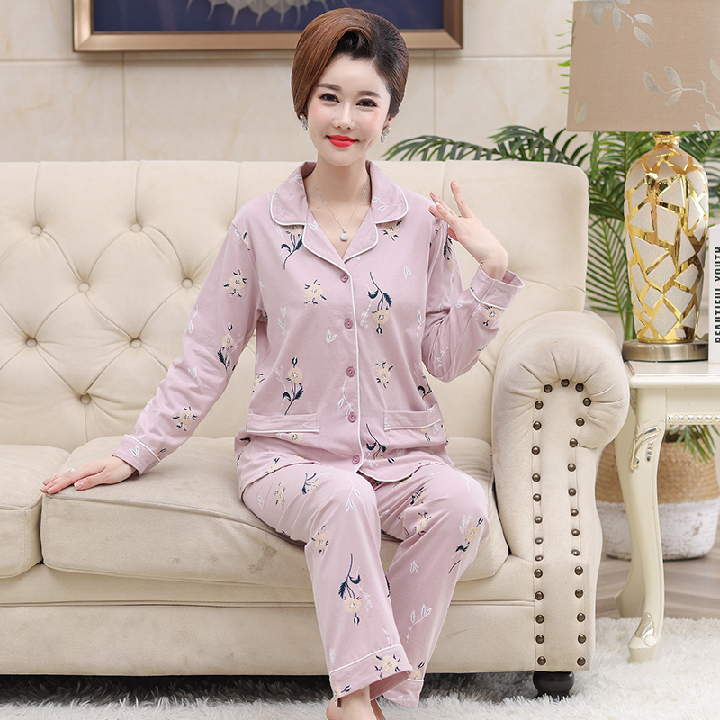 LMMY新款纯棉开衫妈妈装长袖睡衣中老年妇女翻领休闲宽松家居服