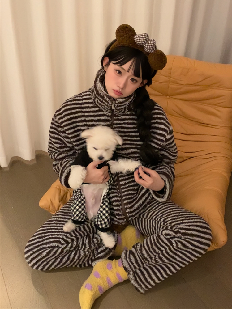 【条纹控天菜】立领条纹珊瑚绒睡衣女加厚加绒秋冬季新款套装家居服