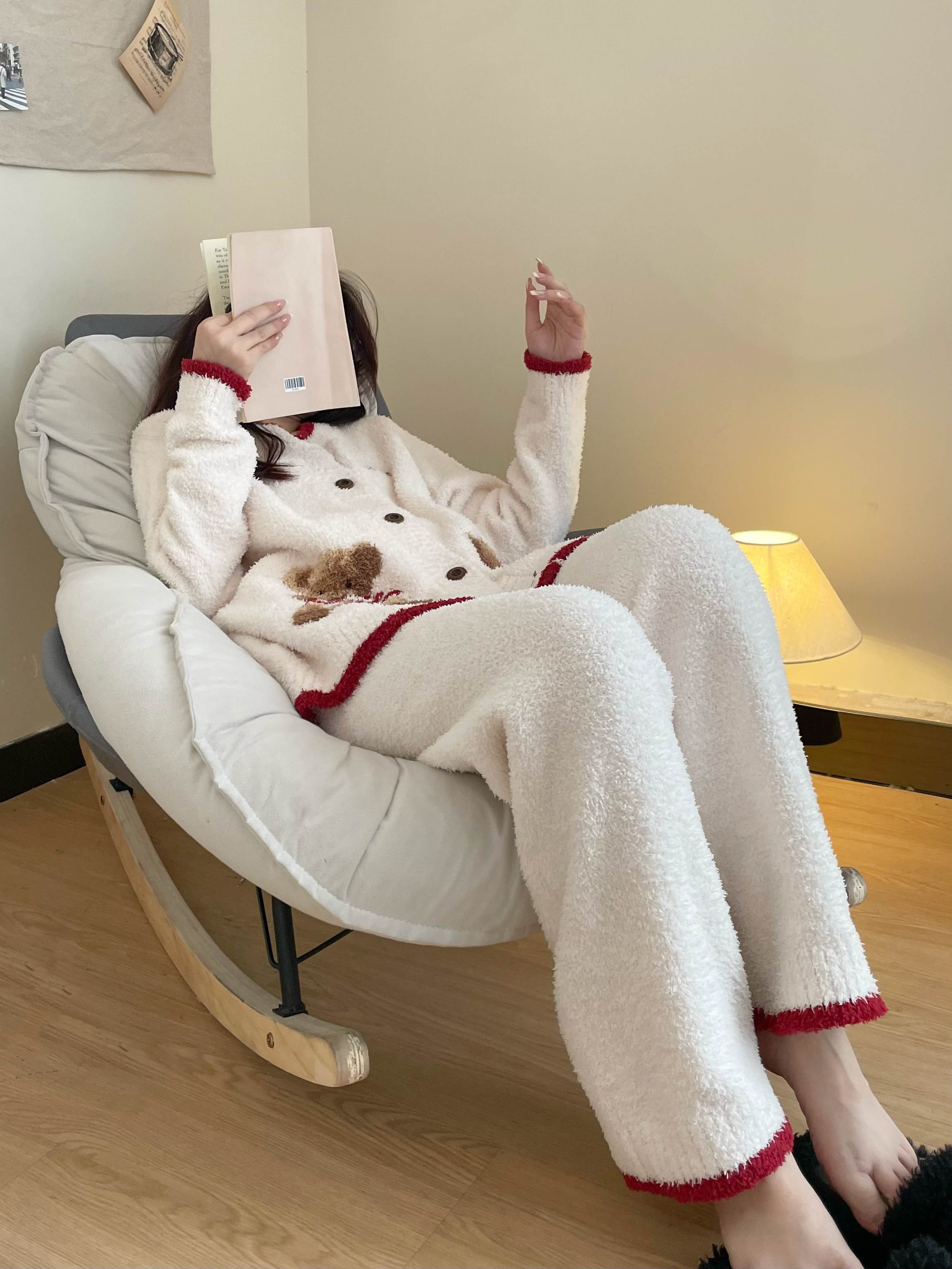 【泰迪熊】ins韩版针织毛衣半边绒睡衣女冬套装加厚长袖长裤家居服