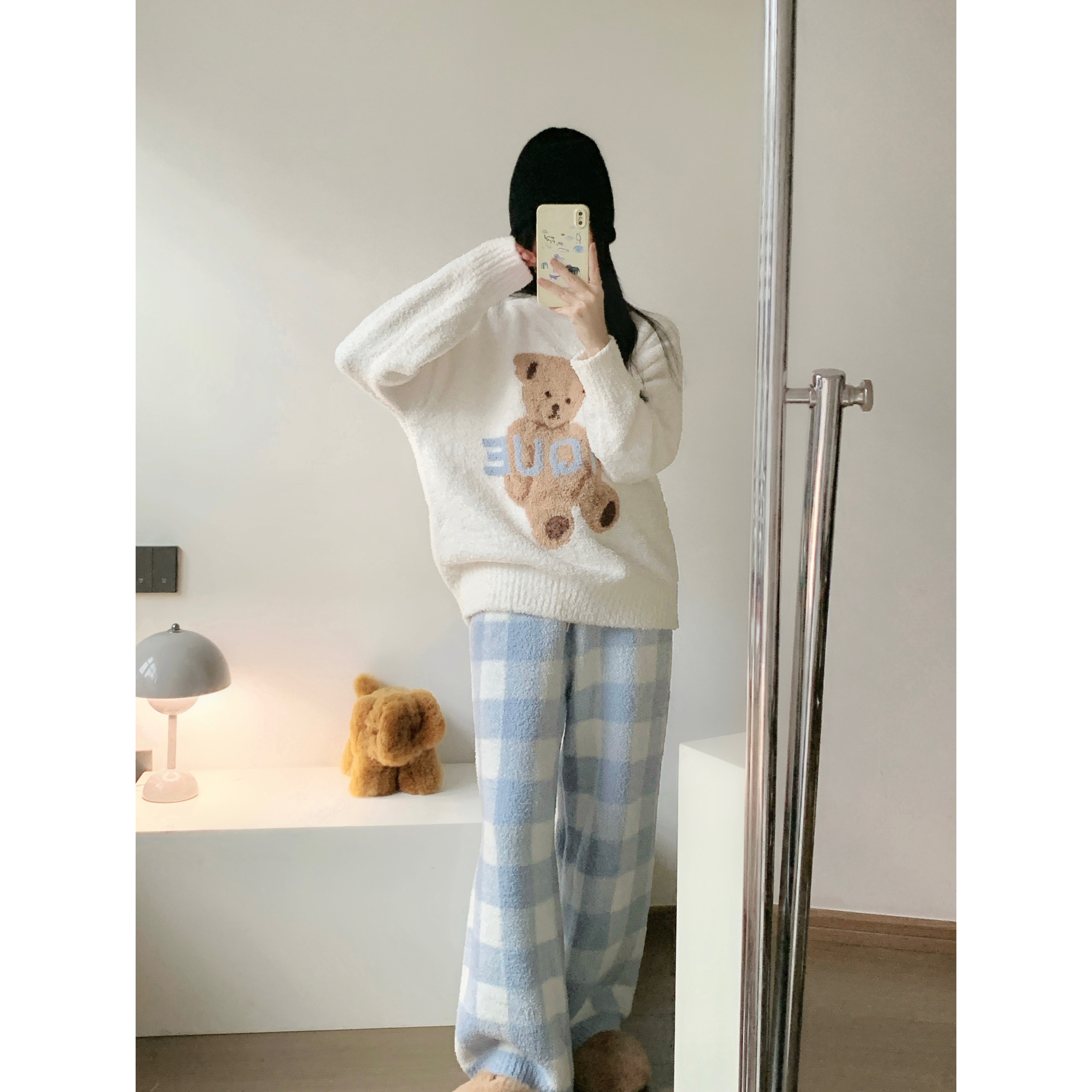 韩版少女针织半边绒卡通小熊睡衣女款冬季新款加绒加厚套装家居服