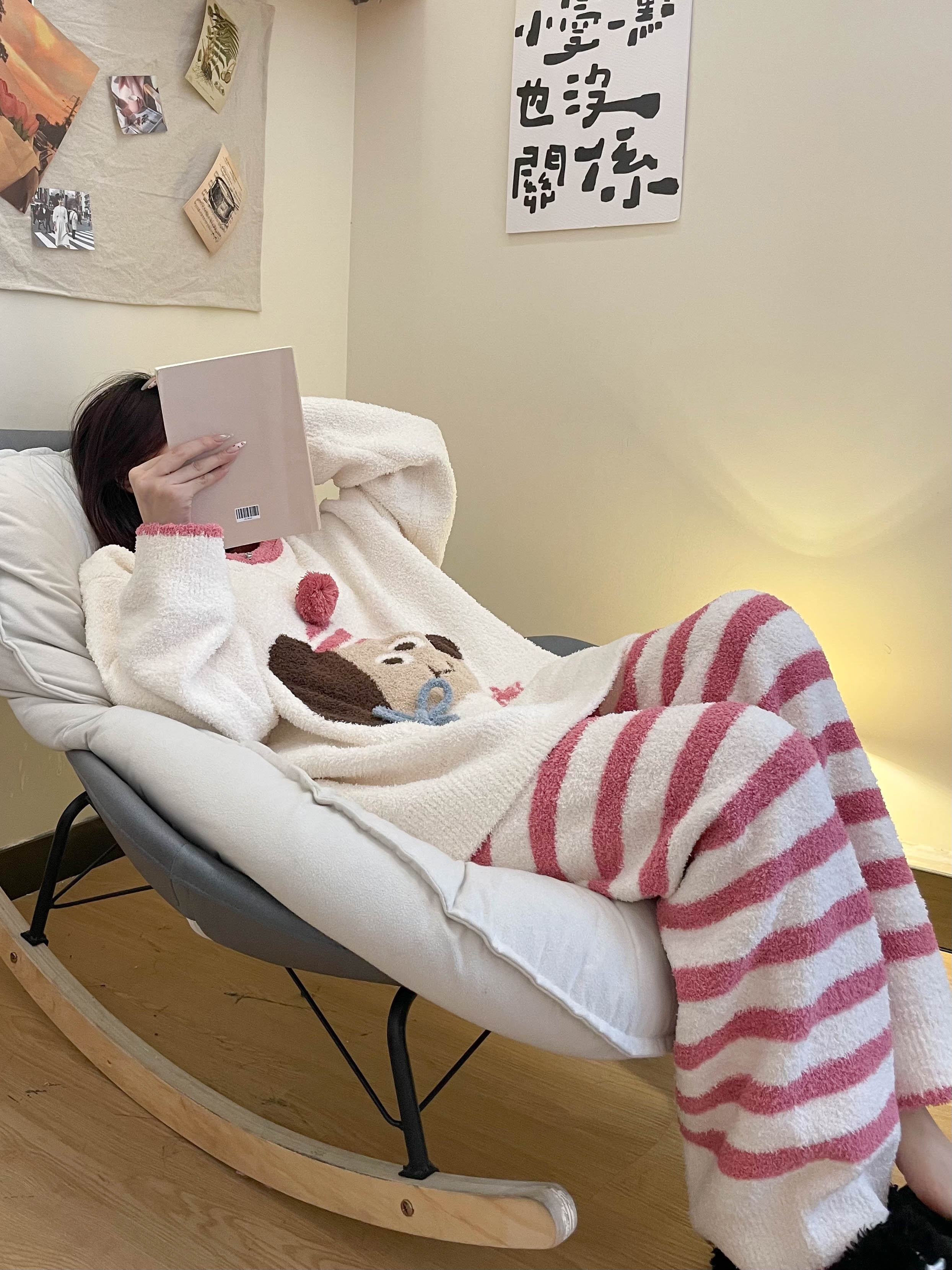 【撞色条纹狗】ins韩系甜美卡通半边绒睡衣女冬保暖加绒套装家居服