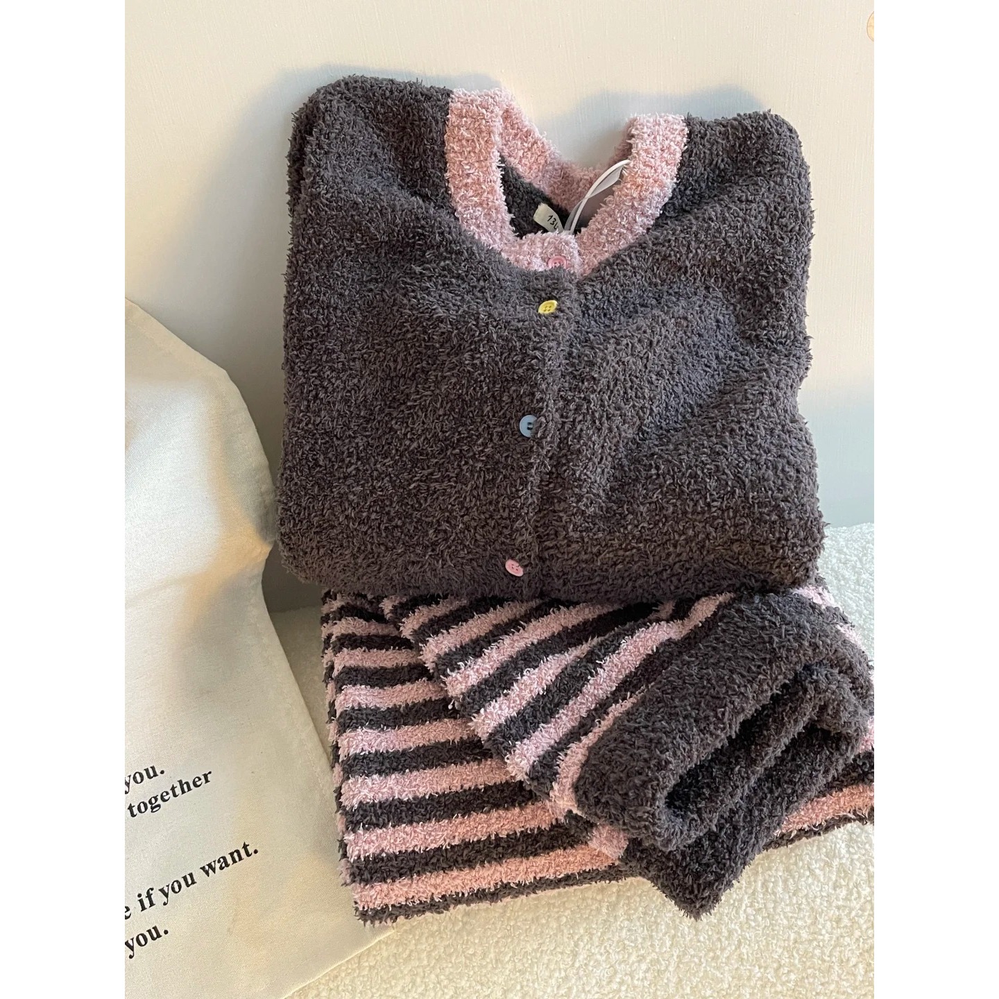 【撞色条纹】新款韩版美拉德穿搭半边绒睡衣女冬加绒大码套装家居服