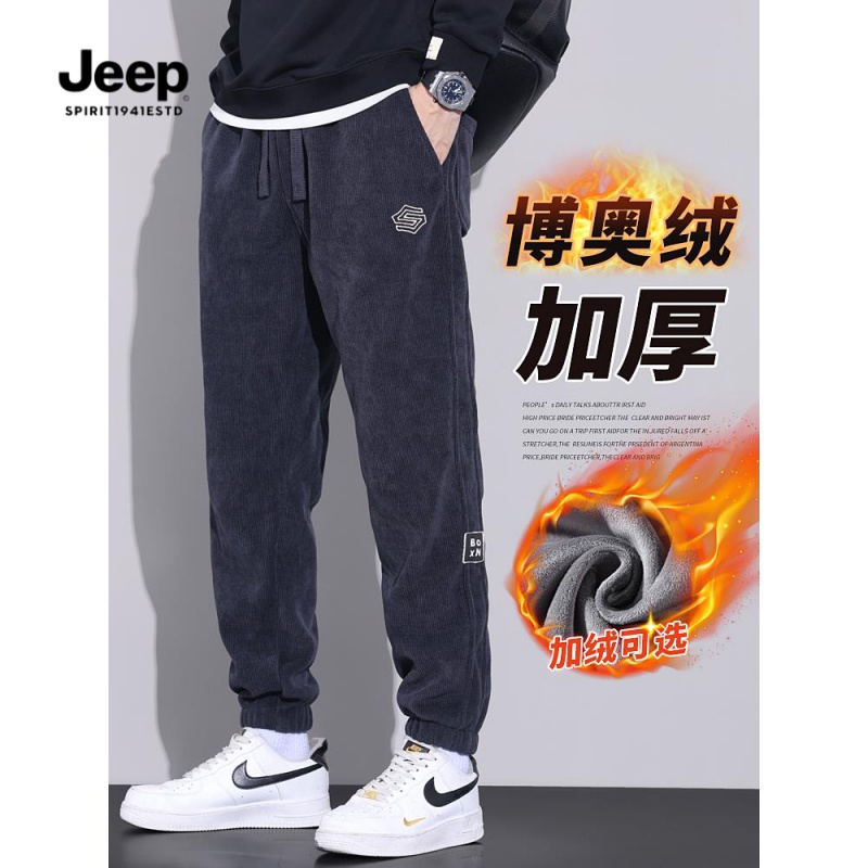 JEEP吉普士秋冬款宽松加绒加厚冬季保暖条绒运动休闲卫裤男生