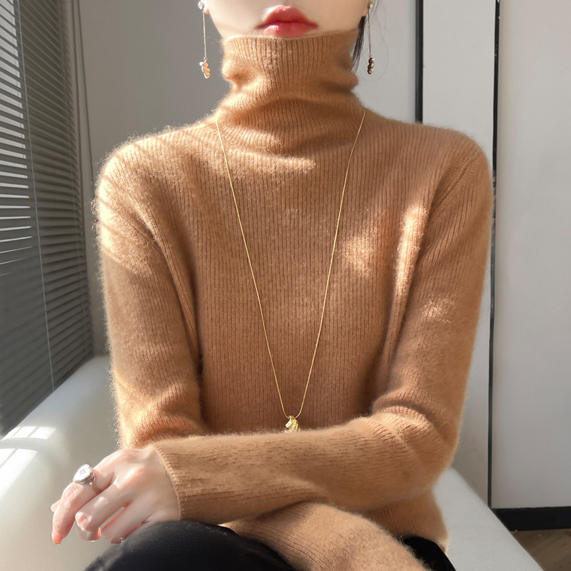 【爆款】100%纯羊毛衫堆堆领毛衣女秋冬新款高领针织打底衫上衣厚