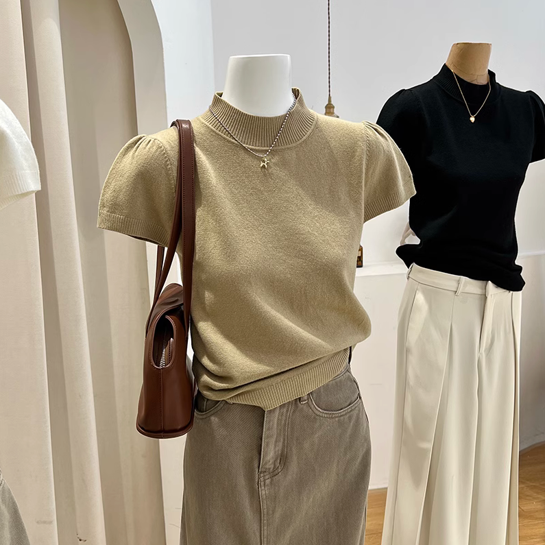 雅诗精品女装温柔风针织上衣女秋短袖泡泡袖法式修身显瘦气质半高