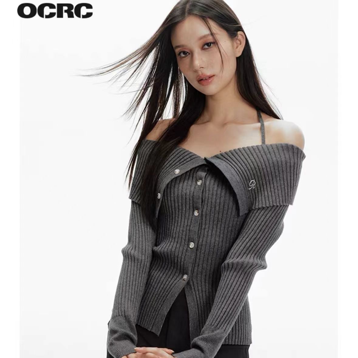 雅诗精品女装OCRC Official 一字肩挂脖绑带修身辣妹毛衣针织衫