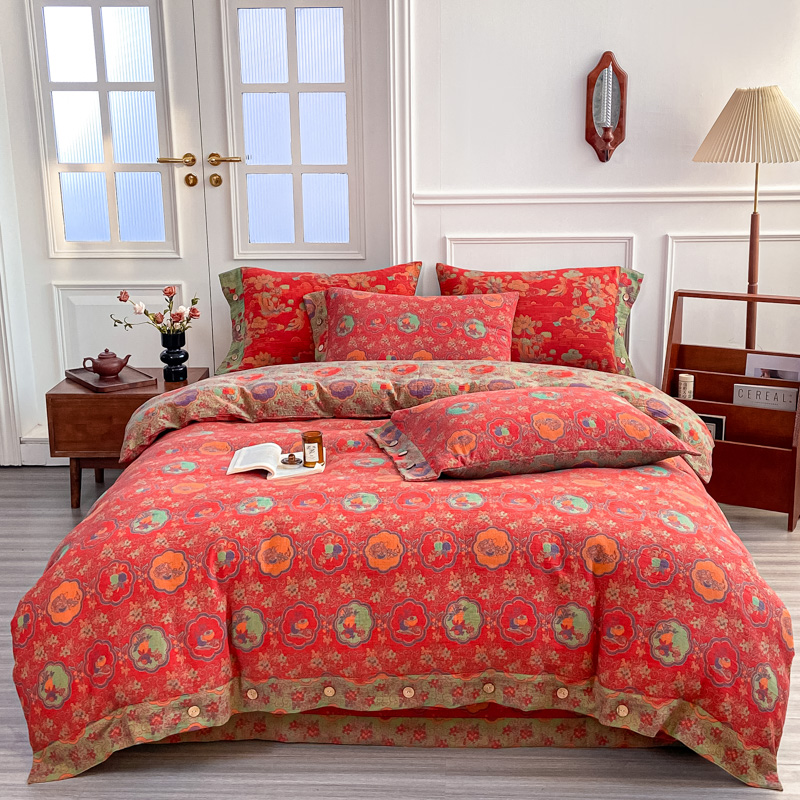 【柿柿如意四件套】新中式轻奢加厚全棉精梳双层纱A类母婴级四件套