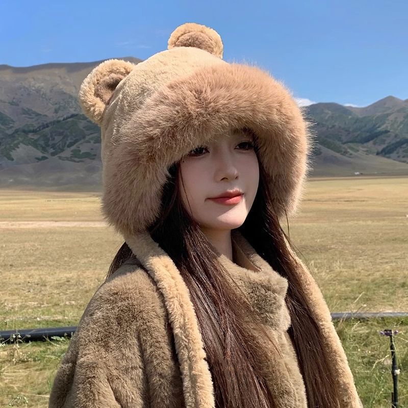 可爱小熊雷锋帽女秋冬季保暖护耳加厚骑车百搭显脸小防风毛绒帽子