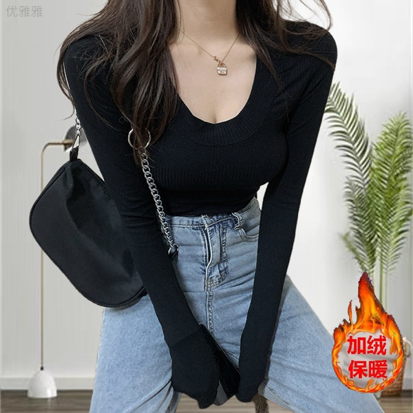 螺纹t恤女秋冬季加绒新款美拉德风穿搭纯欲U领修身保暖内搭打底衫