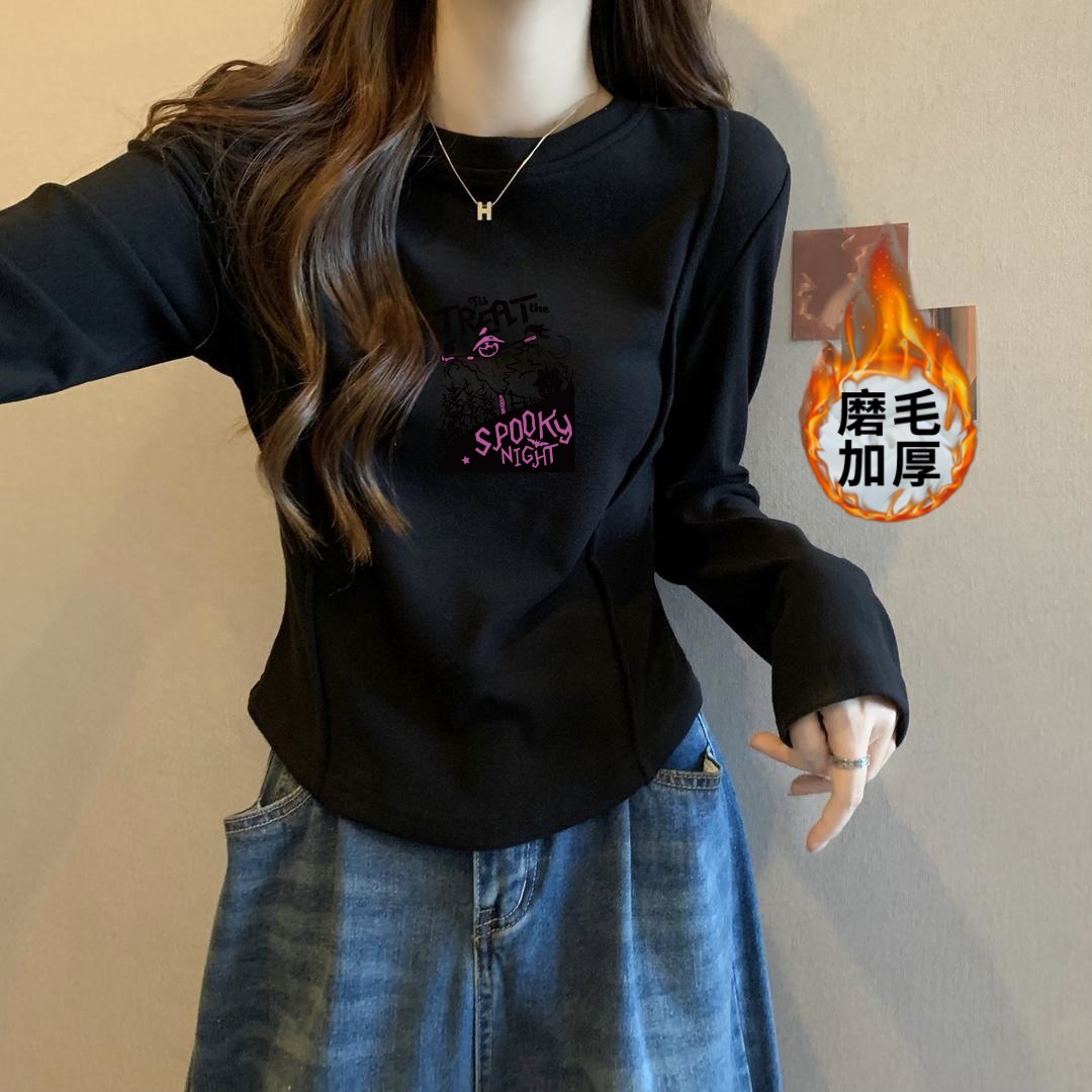 圆弧形短款印花T恤女长袖秋冬装内搭加厚磨毛德绒打底衫上衣rfd瞬