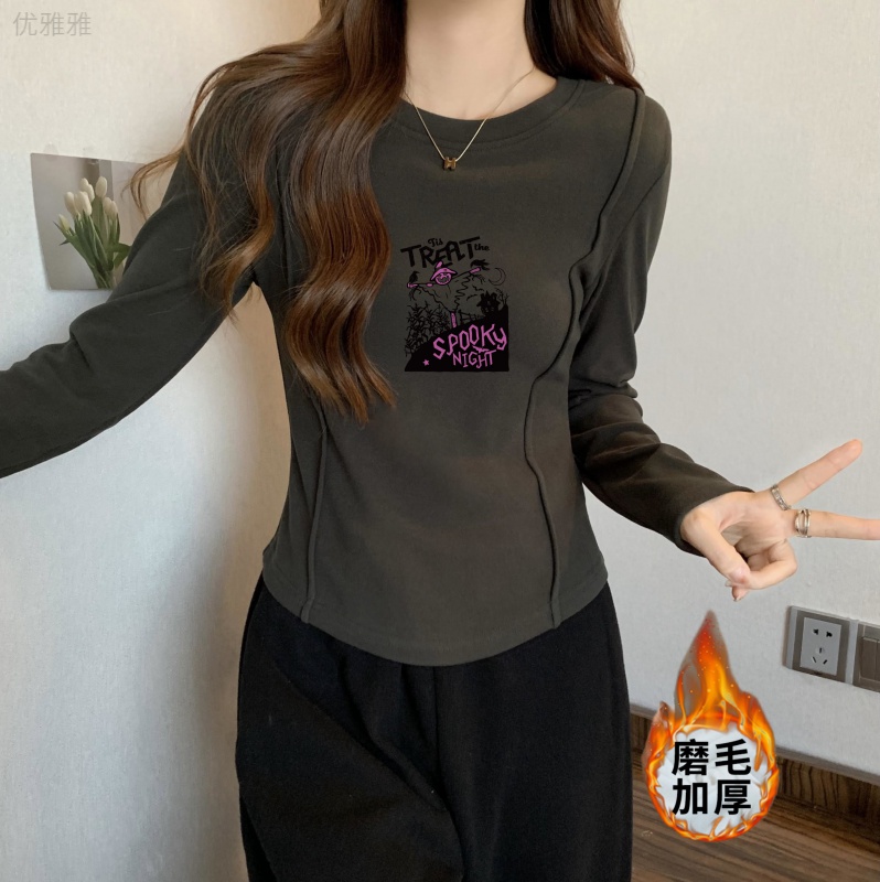圆弧形短款印花T恤女长袖秋冬装内搭加厚磨毛德绒打底衫上衣sre瞬