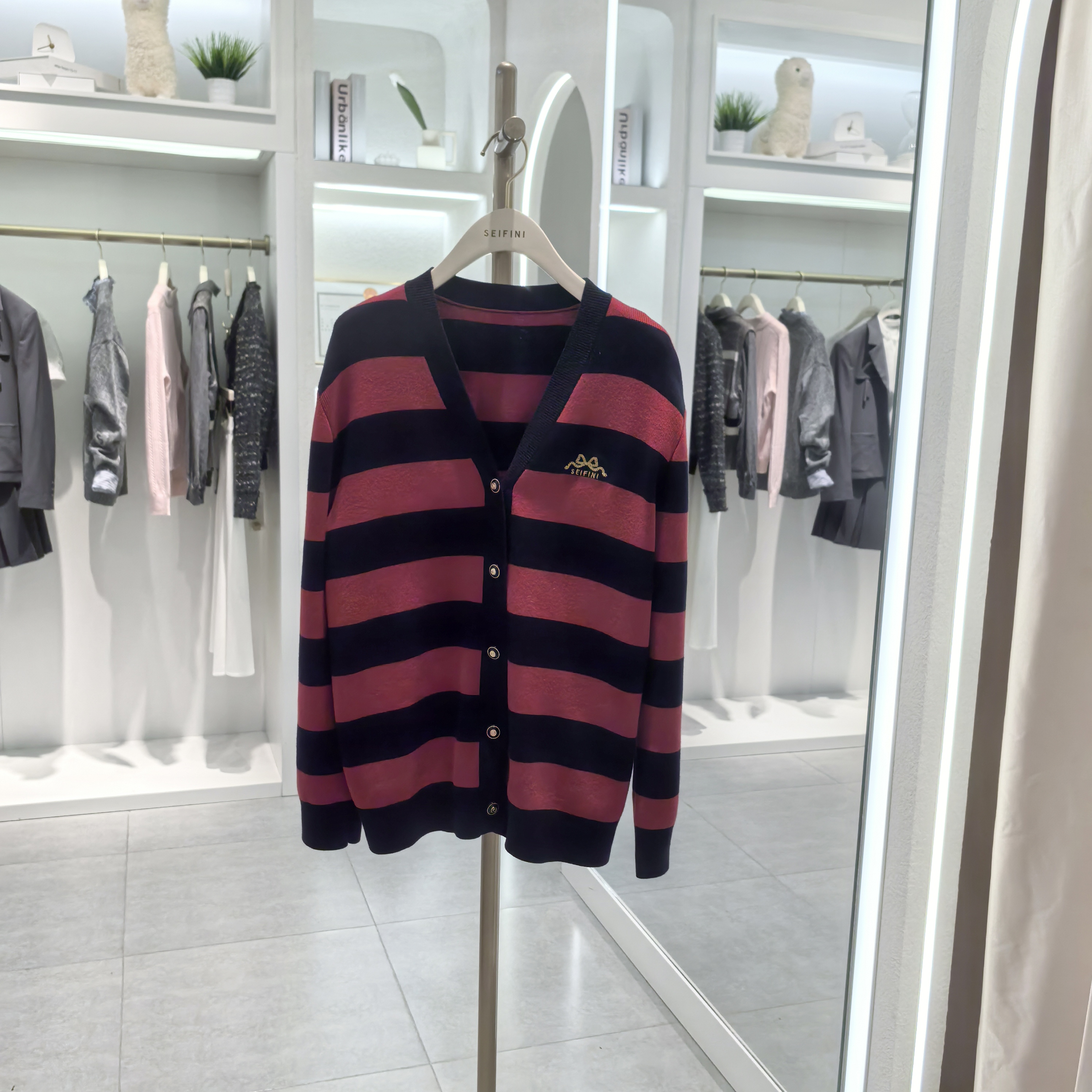 商场同款诗凡黎2024秋冬季新款百搭宽松v领条纹针织开衫休闲