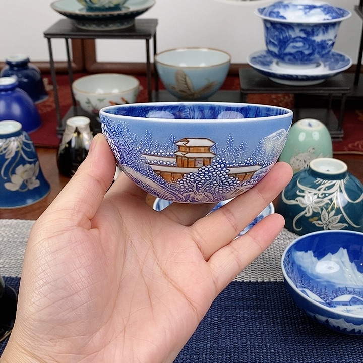 踏雪访友主人杯子蓝色茶杯陶瓷手绘