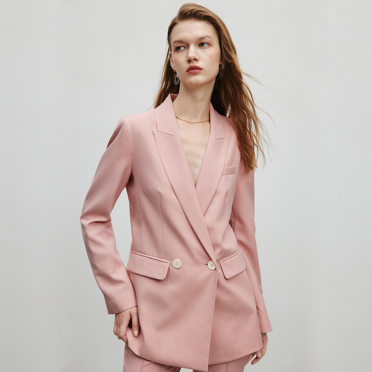 【婷婷专属】简约纯色百搭职业西服双排扣通勤长袖西装Y430715