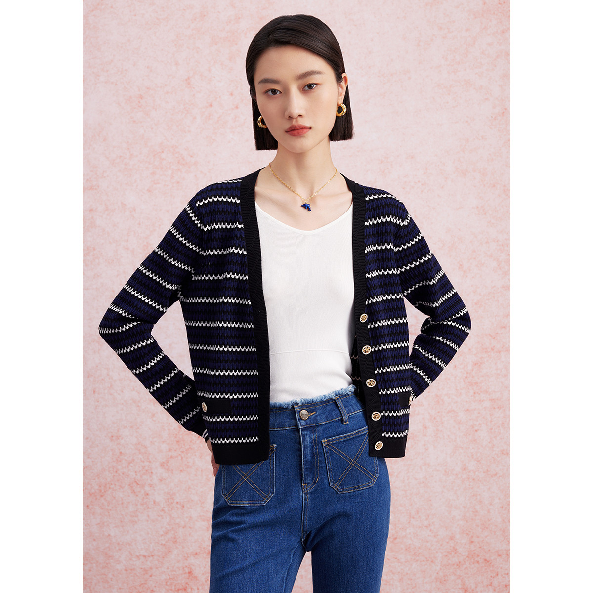 【小七专属】千层浪条纹开衫拼色花纹针织衫高级感上M731303727