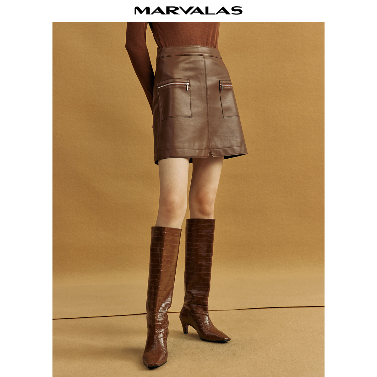 【芊芊专属】曼德诗皮裙半身裙新款黑色pu皮裙高腰a字裙#M210391