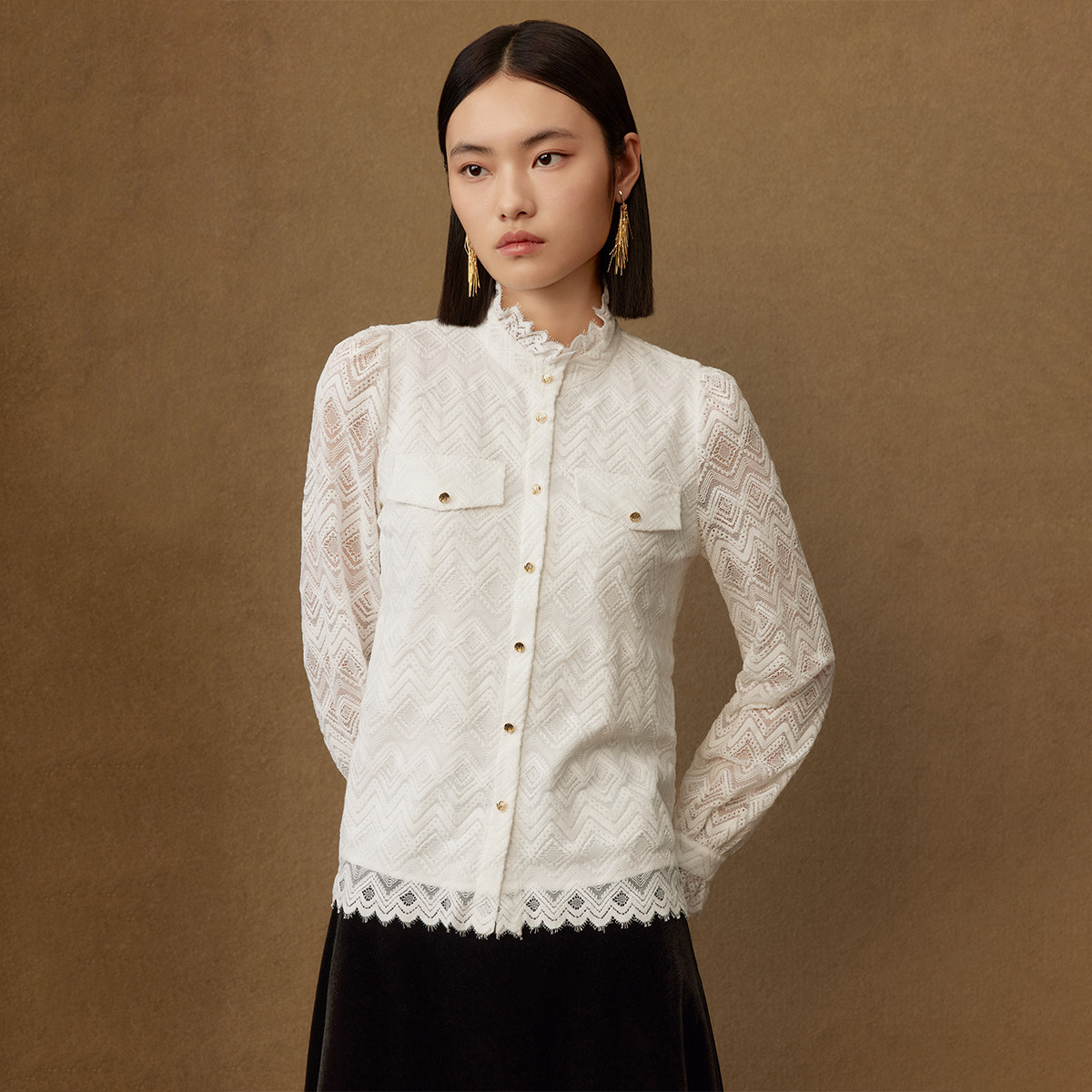 【小七专属】气质木耳边立领衬衫蕾丝拼接通勤衬衣MY311309064