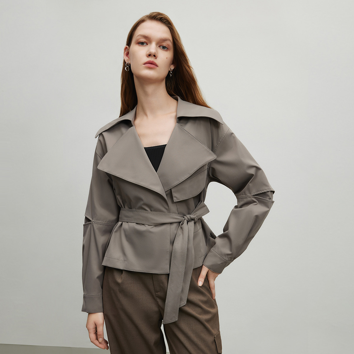 【籽言专属】设计感小个子休闲气质腰带拼接感翻领外套Y424302208