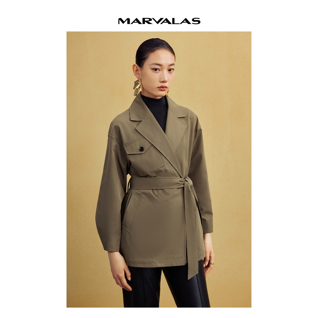 【小熊专属】曼德诗纯色西装领风衣秋季本布收腰宽松外套M424302068