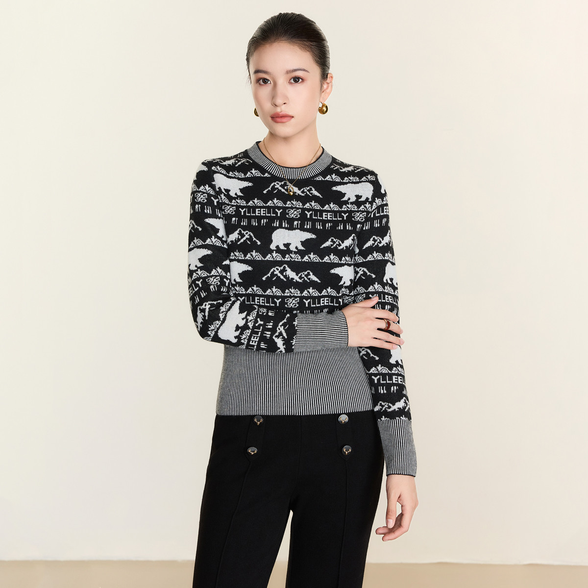 【诗语专属】绵羊毛百搭针织衫女2024撞色提花套头衫Y733306834