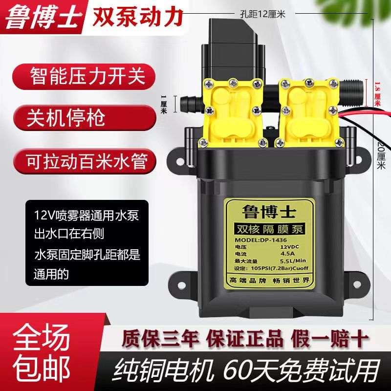 12v双核隔膜泵通用高压灌溉电动大功率双泵水泵电机打药机适用