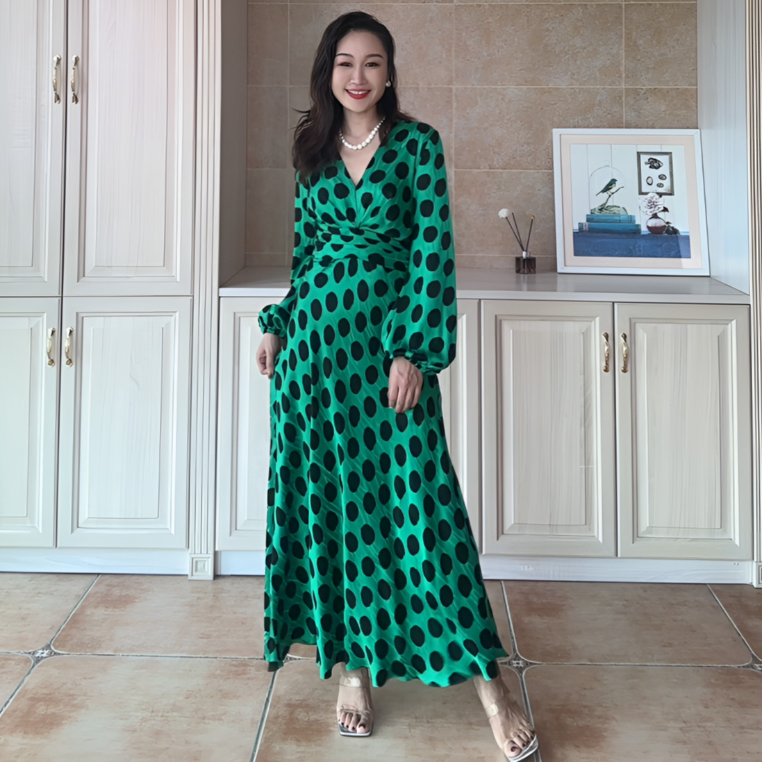 葭恩时尚修身孔雀绿抽象黑波点长袖连衣裙0365