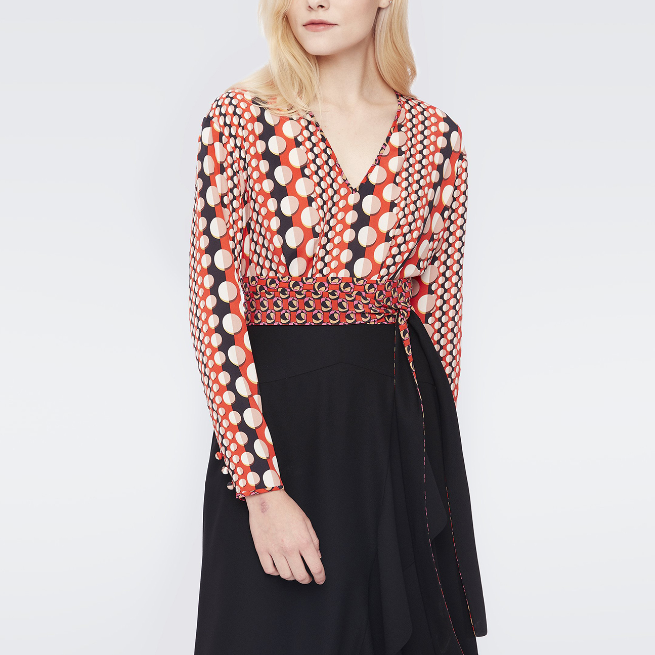 葭恩V领红色波点拼色系带真丝混纺连衣裙0067